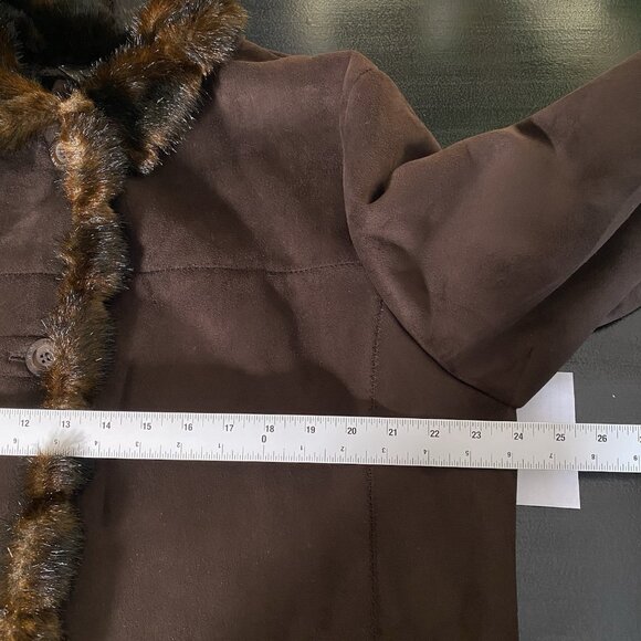 Jones NY Winter Coat Women's XL Faux Suede Fur Trim Jacket Brown Cozy Cabin - Picture 13 of 16
